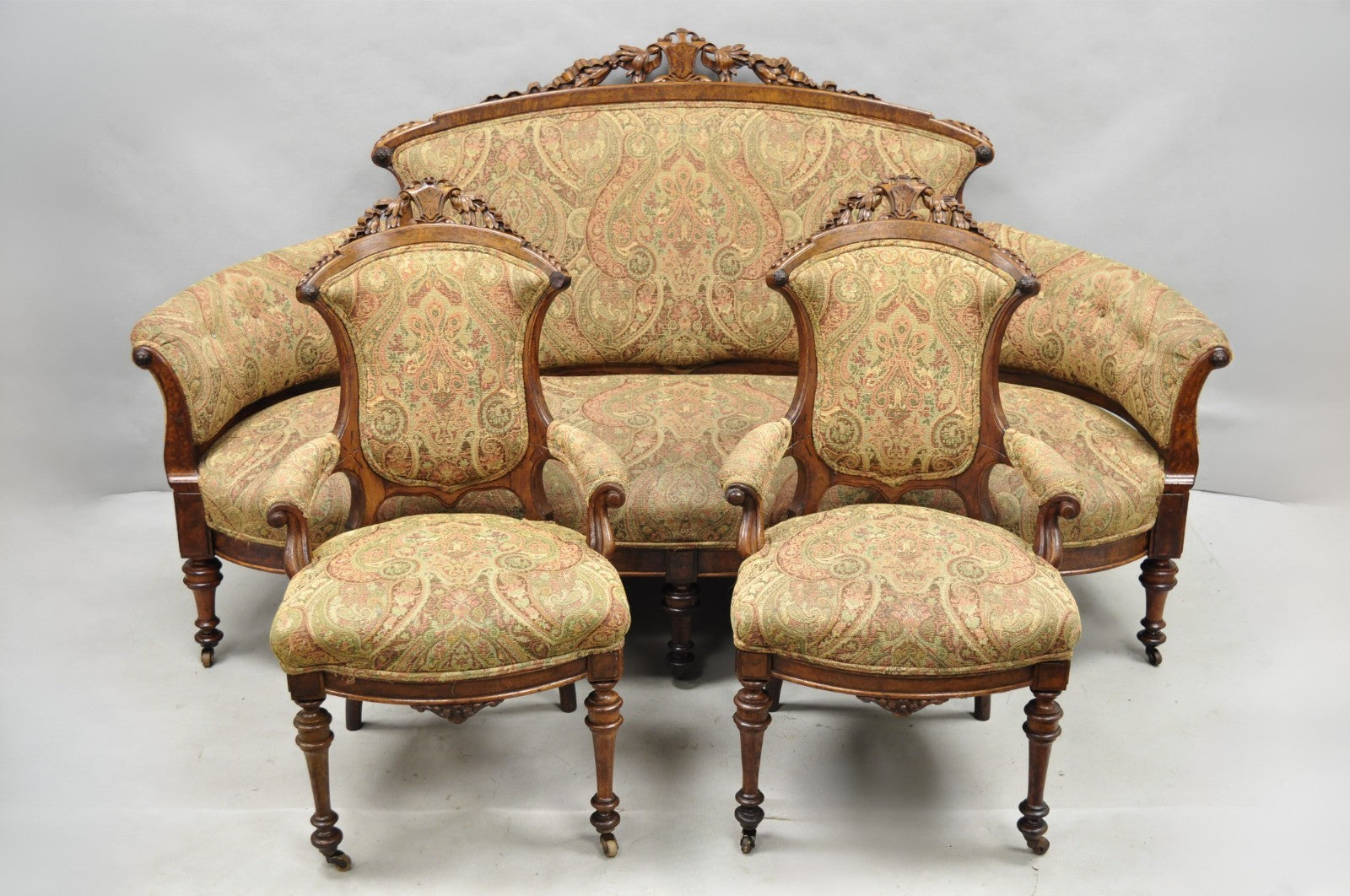 Antique Eastlake Victorian Carved Burl Walnut Parlor Set Sofa & 2 Chairs - 3 Pcs
