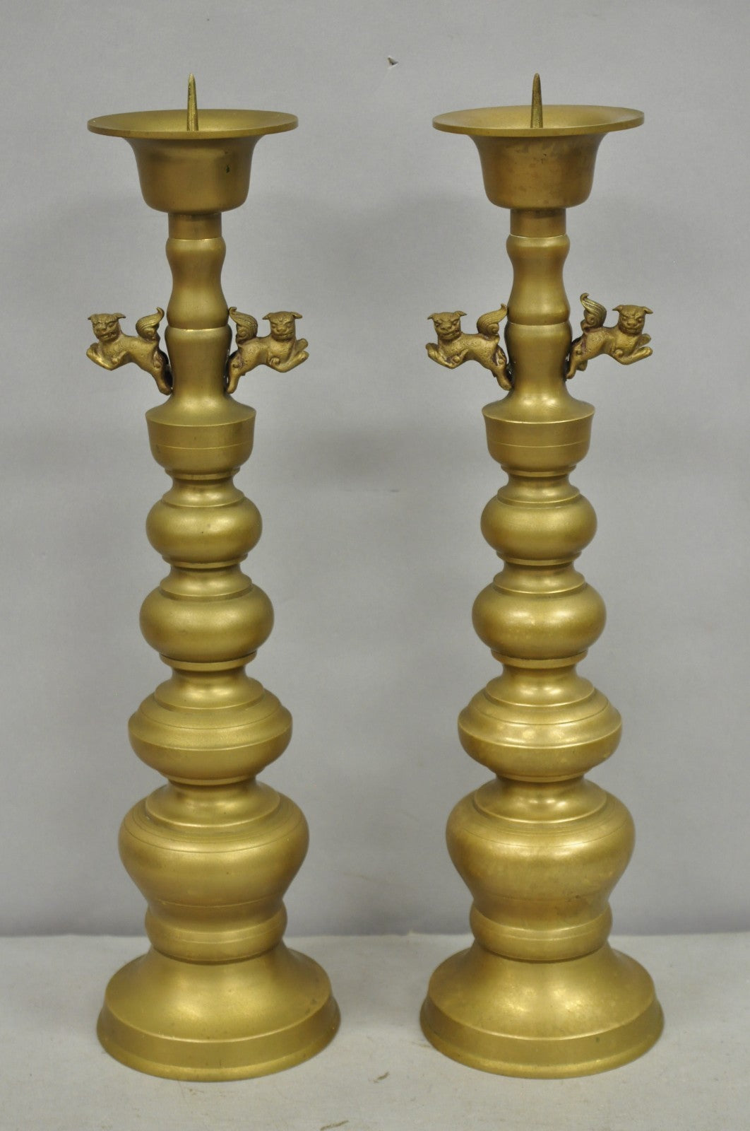 Vintage Oriental Foo Dog Stacked Brass Pricket Chinese 20" Candlesticks - a Pair