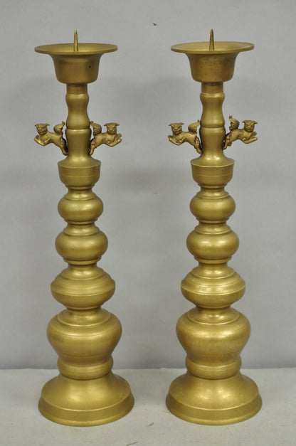 Vintage Oriental Foo Dog Stacked Brass Pricket Chinese 20" Candlesticks - a Pair