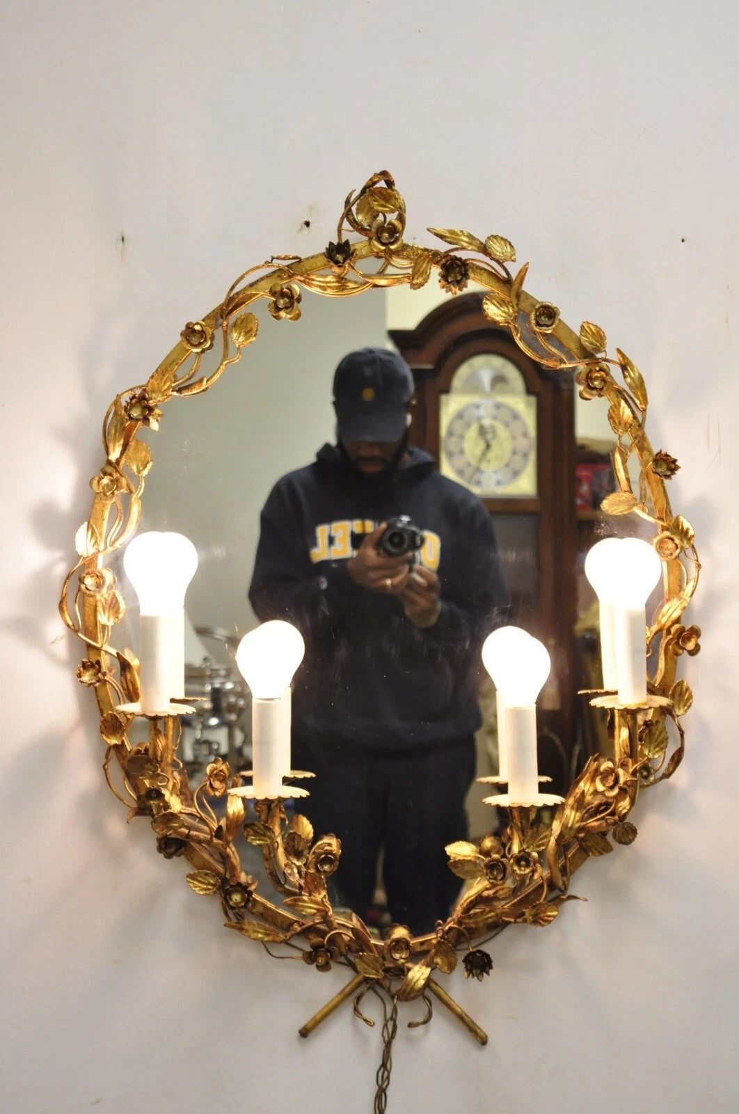 Vintage Italian Hollywood Regency Gold Gilt Iron Floral Wall Sconce Oval Mirror