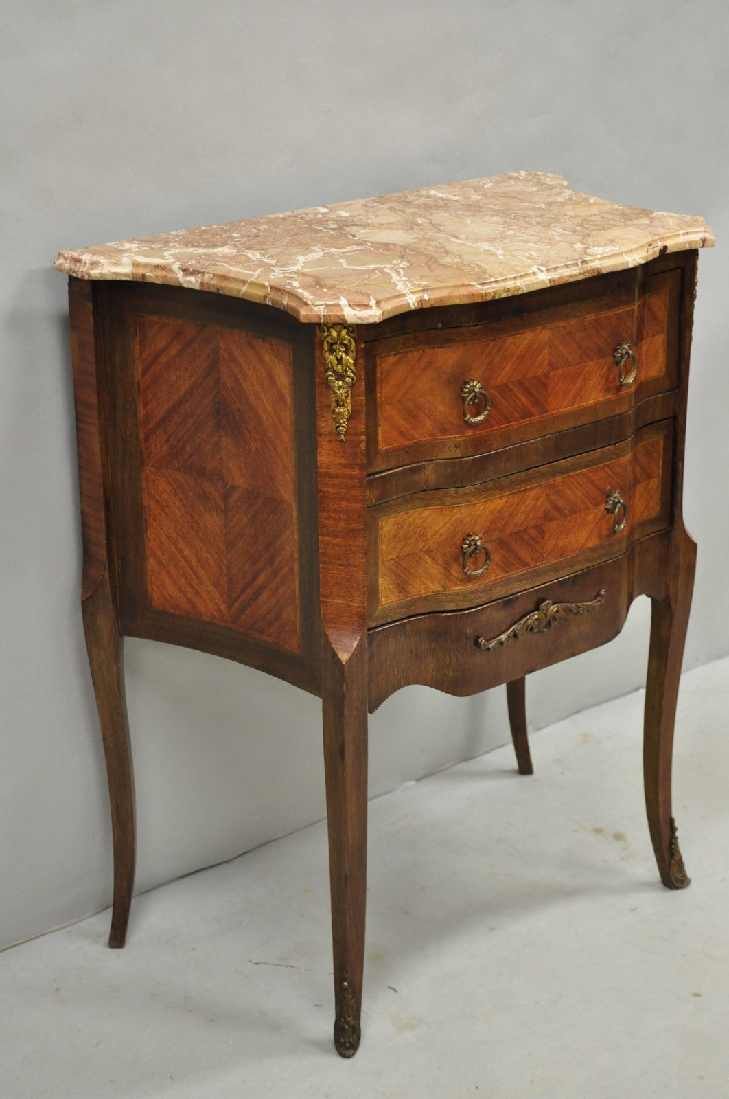 Antique French Louis XV Marquetry Inlay Marble Top Bombe Nightstand Side Table