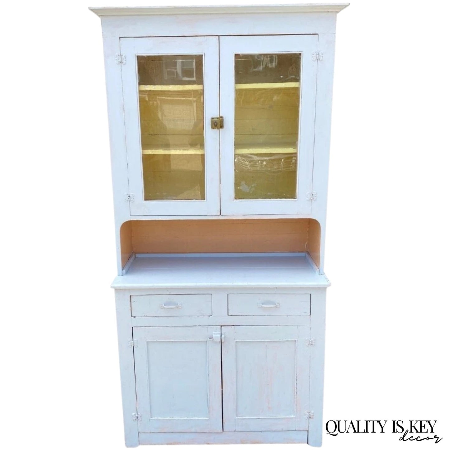 Antique French Country Farmhouse White 2 Piece Step Back Hutch Kitchen Cupboard