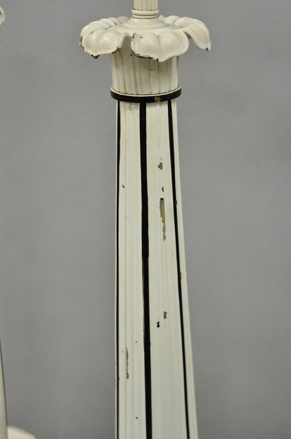 Vintage Hollywood Regency Lotus Leaf Black & White Metal Column Table Lamps Pair
