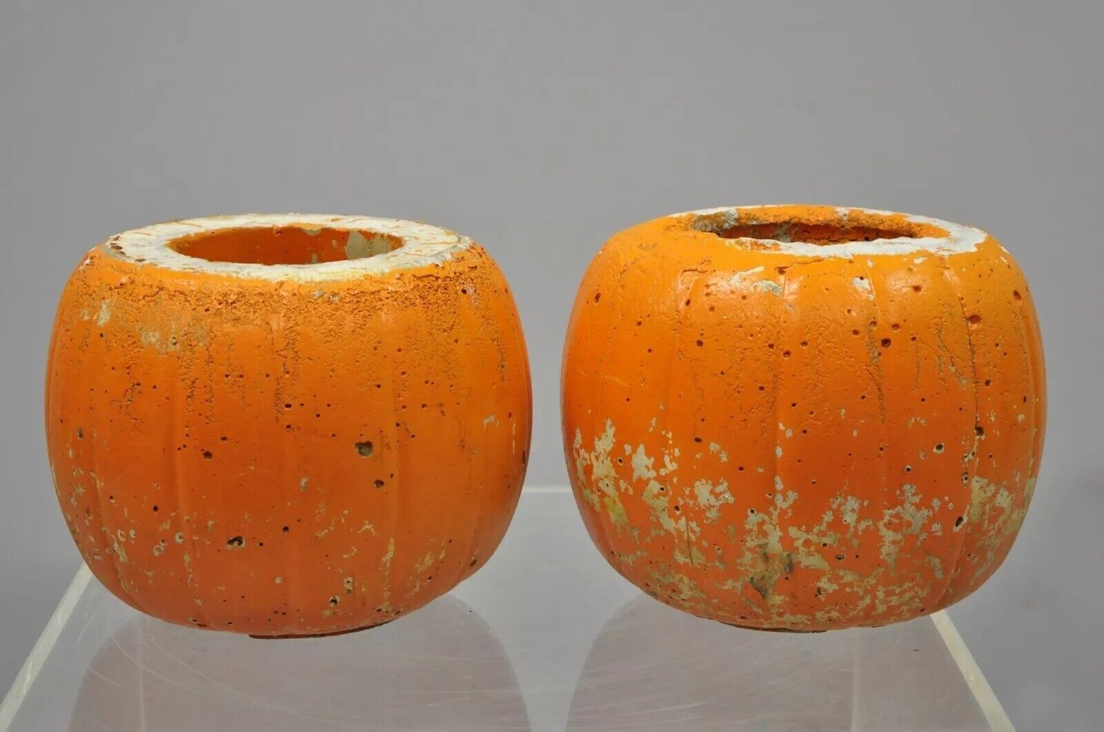 Vintage Orange Cement 8" Small Painted Garden Pumpkin Planter Plant Pot - Pair