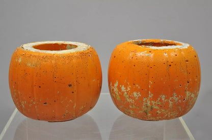 Vintage Orange Cement 8" Small Painted Garden Pumpkin Planter Plant Pot - Pair