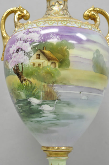 Antique Nippon Hand Painted Cottage Lake Porcelain Twin Handle Bolted Urn Vase