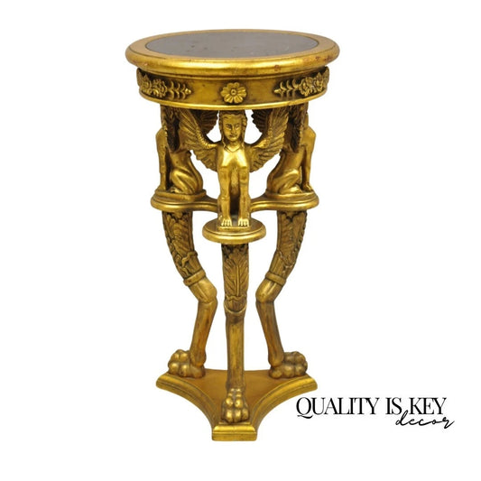 Egyptian Revival Gold Giltwood Marble Top Sphinx Pedestal Side Table Plant Stand