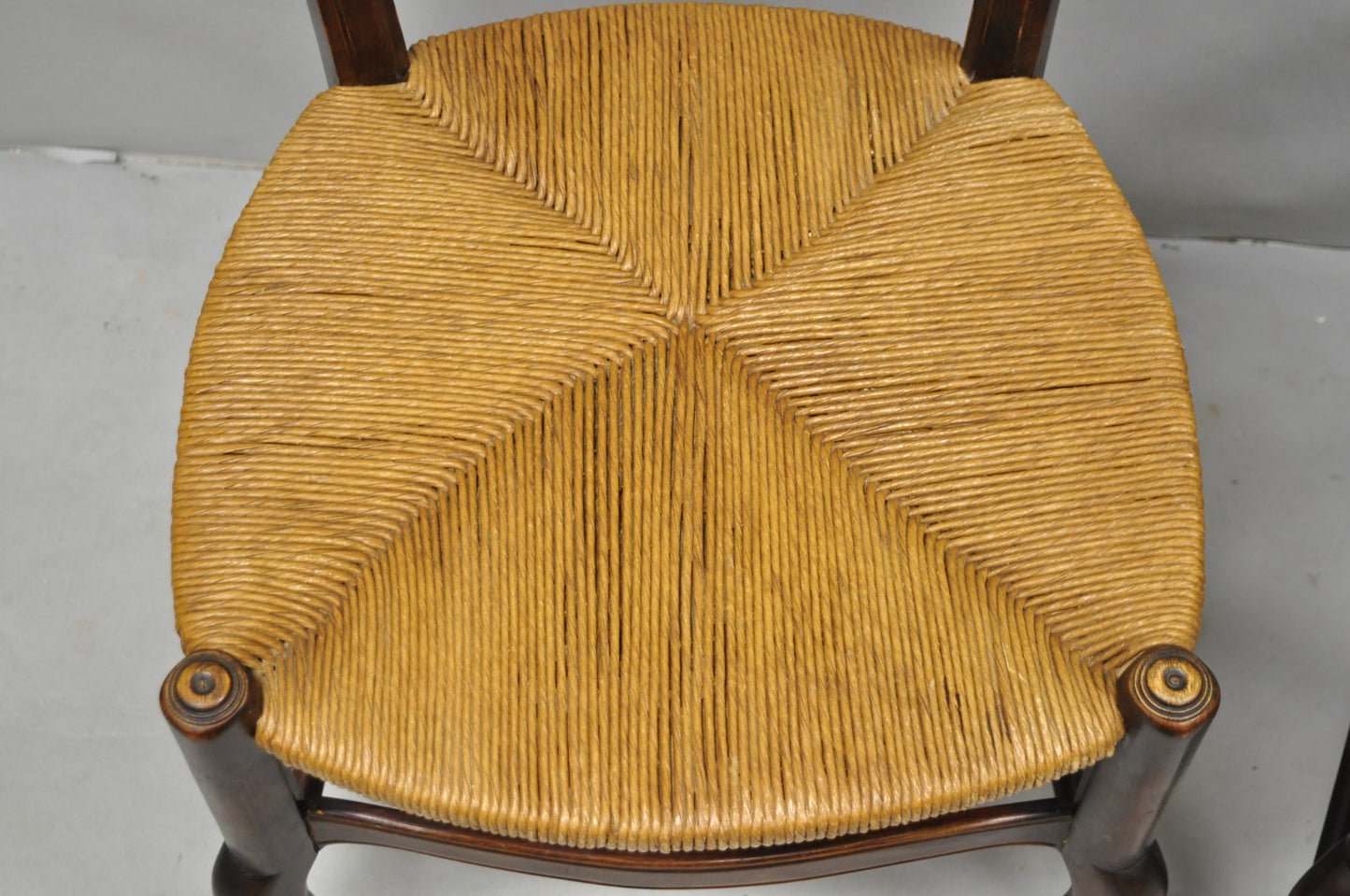Antique William & Mary Style Carved Walnut Rose Rush Seat Side Chairs - a Pair