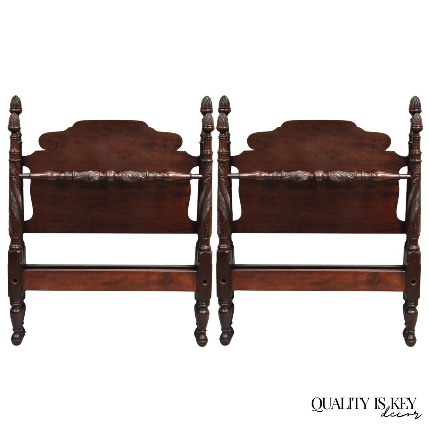 Antique Sheraton Federal Carved Mahogany Acorn Finial Twin Bed by Richter - Pair