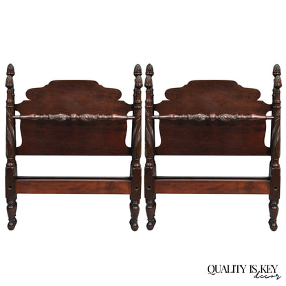 Antique Sheraton Federal Carved Mahogany Acorn Finial Twin Bed by Richter - Pair