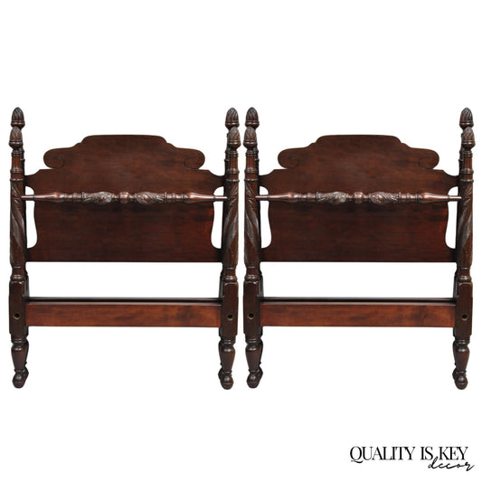 Antique Sheraton Federal Carved Mahogany Acorn Finial Twin Bed by Richter - Pair