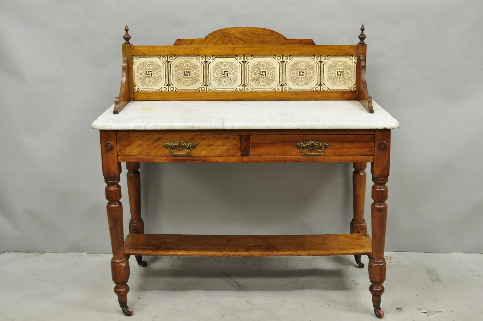 Antique Victorian Walnut Marble Top Washstand Good Luck Swastika Tile Backsplash