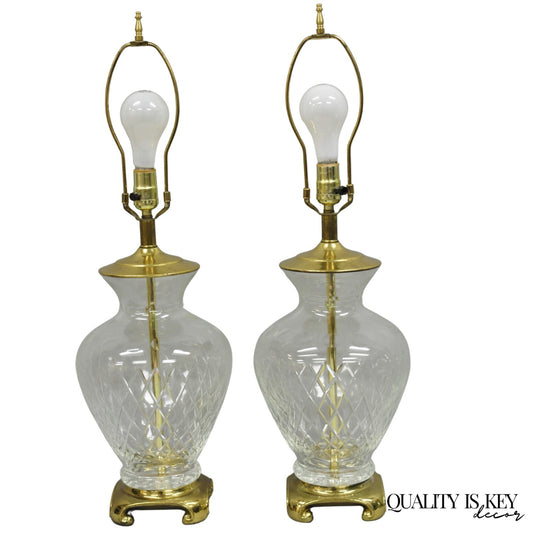 Vintagte Chinoiserie Diamond Crystal Glass Ginger Jar Brass Table Lamps - a Pair