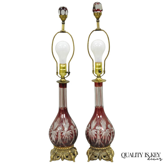 Antique Bohemian Cranberry Ruby Red Cut to Clear Glass Table Lamps - a Pair