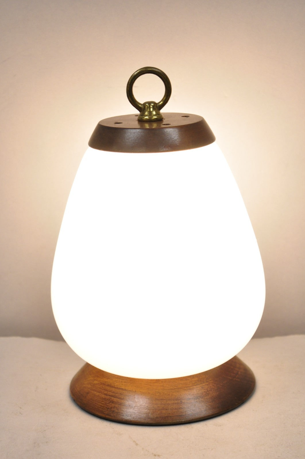 Mid Century Modern Azucena Style Small White Glass Egg Shade Walnut Table Lamp