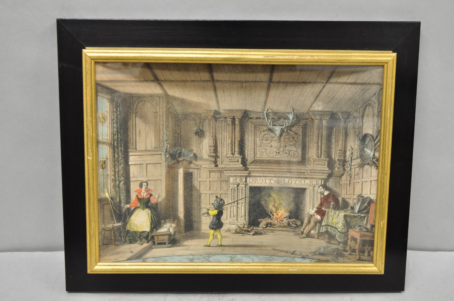 Antique Colored Lithograph 3D Frame Hall of Levens & Trophy Room Joseph Nash (2)