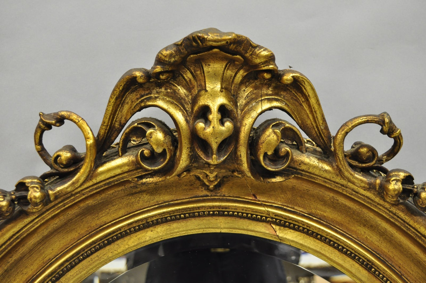 Antique French Victorian Gold Gilt Scroll Oval Beveled Glass Wall Mirror