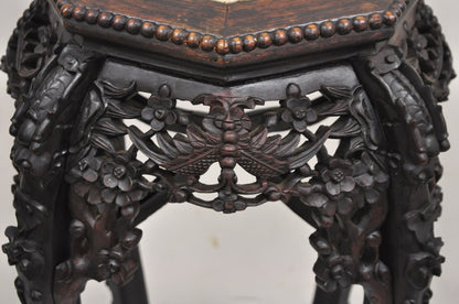 Antique Chinese Carved Hardwood Marble Top Oriental Plant Stand Side Table