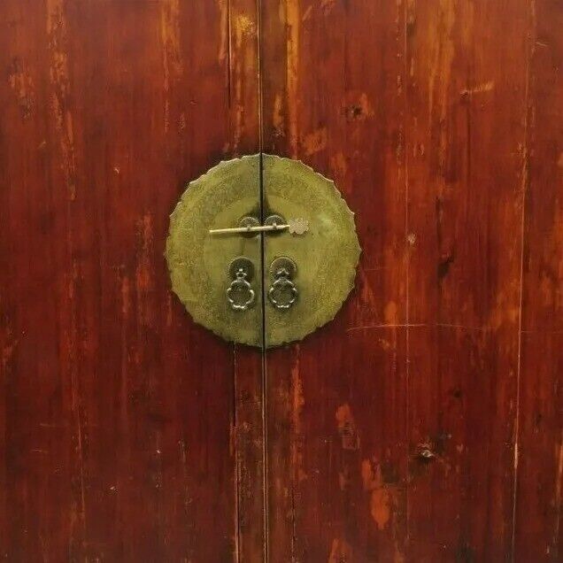 Antique Asian Red Lacquer Oriental Chinese Wedding Cabinet 2 Door Cupboard