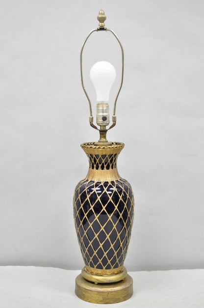 Antique Chinoiserie Japanese Cobalt Blue Porcelain Vase Brass Lattice Table Lamp