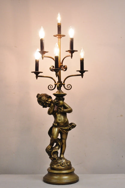 Vintage French Renaissance Metal Figural Girl Cherub Putti Candelabra Table Lamp