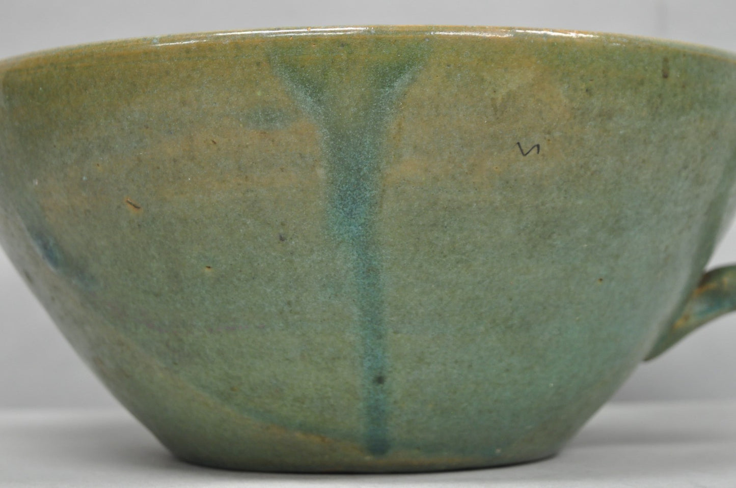 Vintage Primitive Green Glazed Ceramic Pottery Large Mixing Bowl w Handle