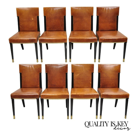 French Art Deco Style Brown Leather Ebonized Frame Dining Chairs - Set of 8