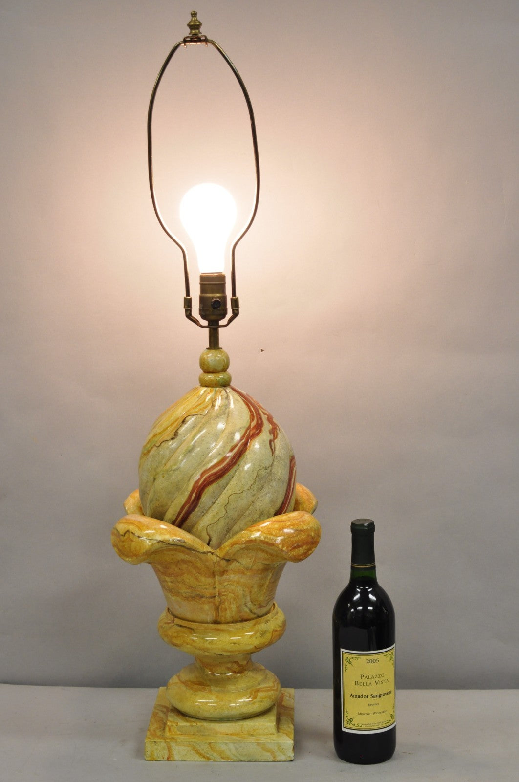 Vintage Hollywood Regency Faux Marble Orange Lacquered Wood Artichoke Table Lamp
