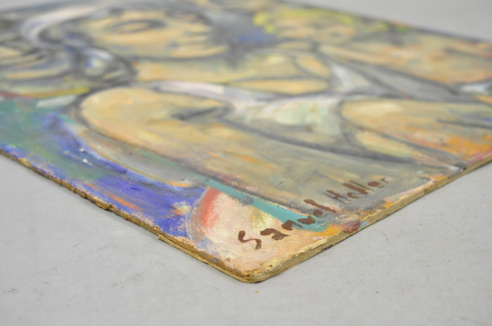 Vintage Samuel Heller "Family Portrait with Child" Oil on Board Painting, Signed