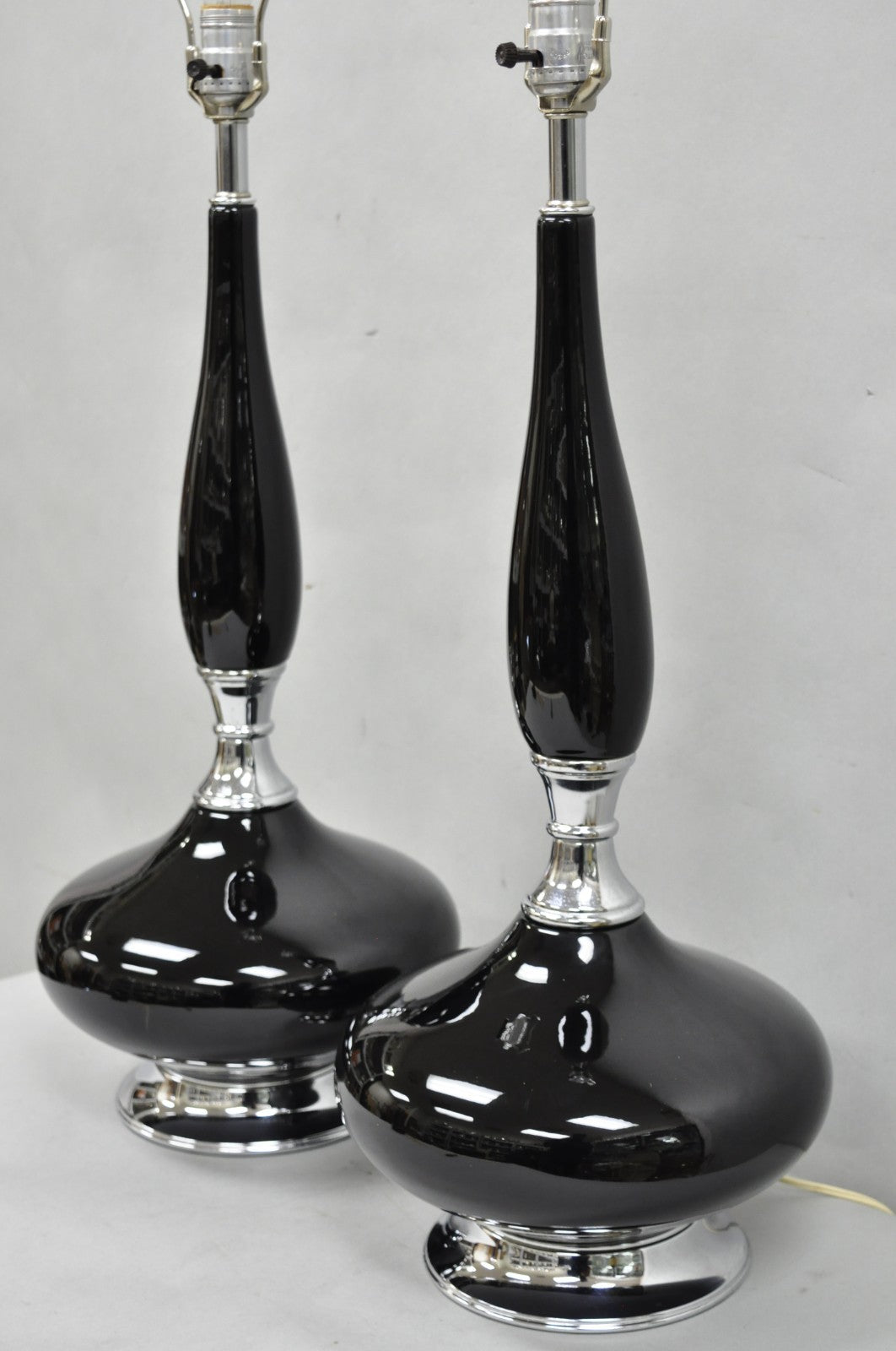 Vintage Mid Century Modern Black Glazed Ceramic & Chrome Table Lamps - a Pair