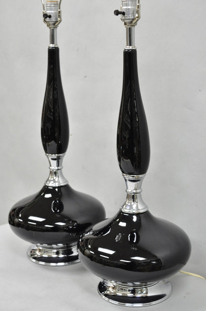Vintage Mid Century Modern Black Glazed Ceramic & Chrome Table Lamps - a Pair