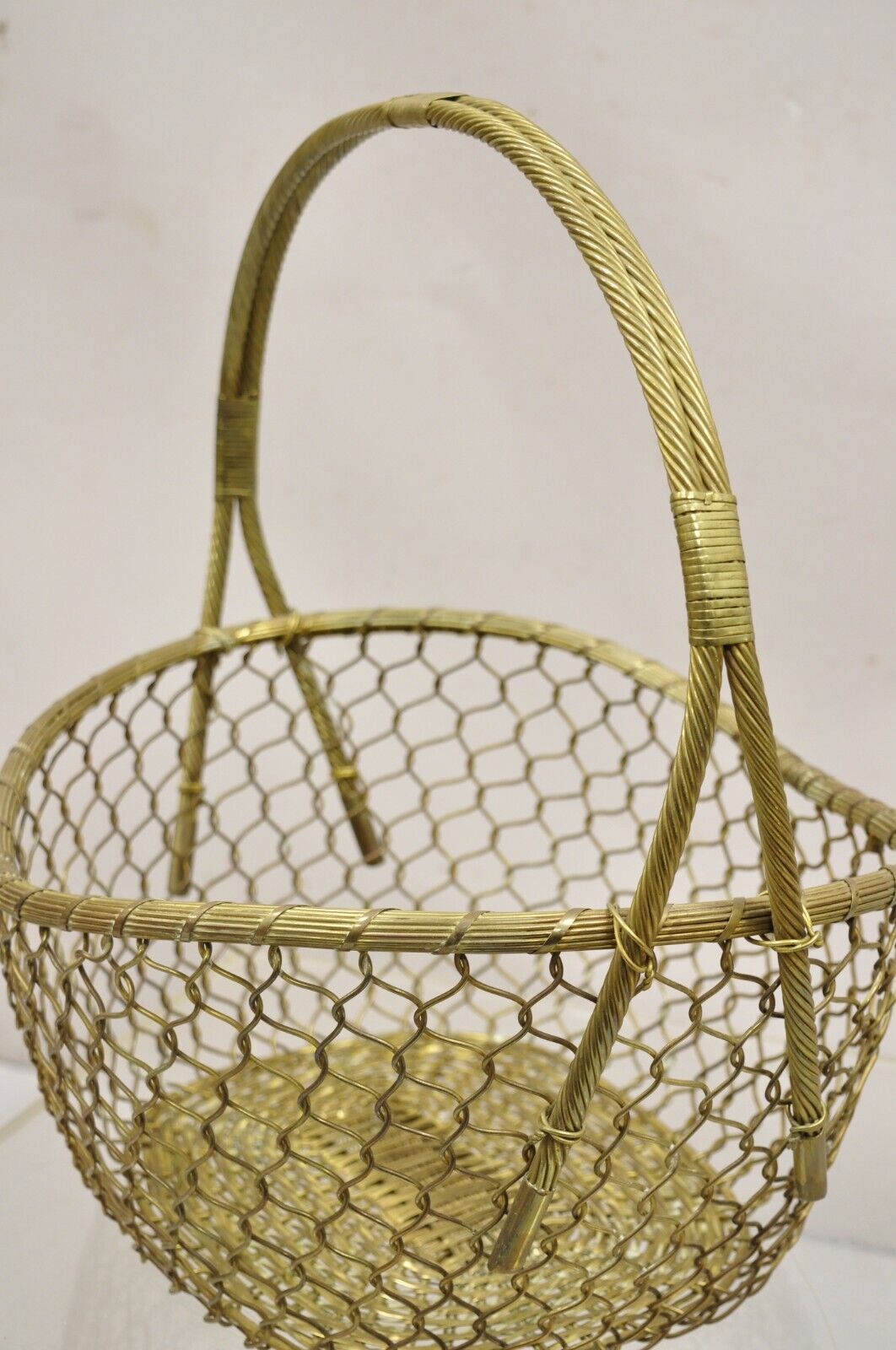 Vintage Solid Brass Wire Metal Hollywood Regency Hand Woven Basket With Handle