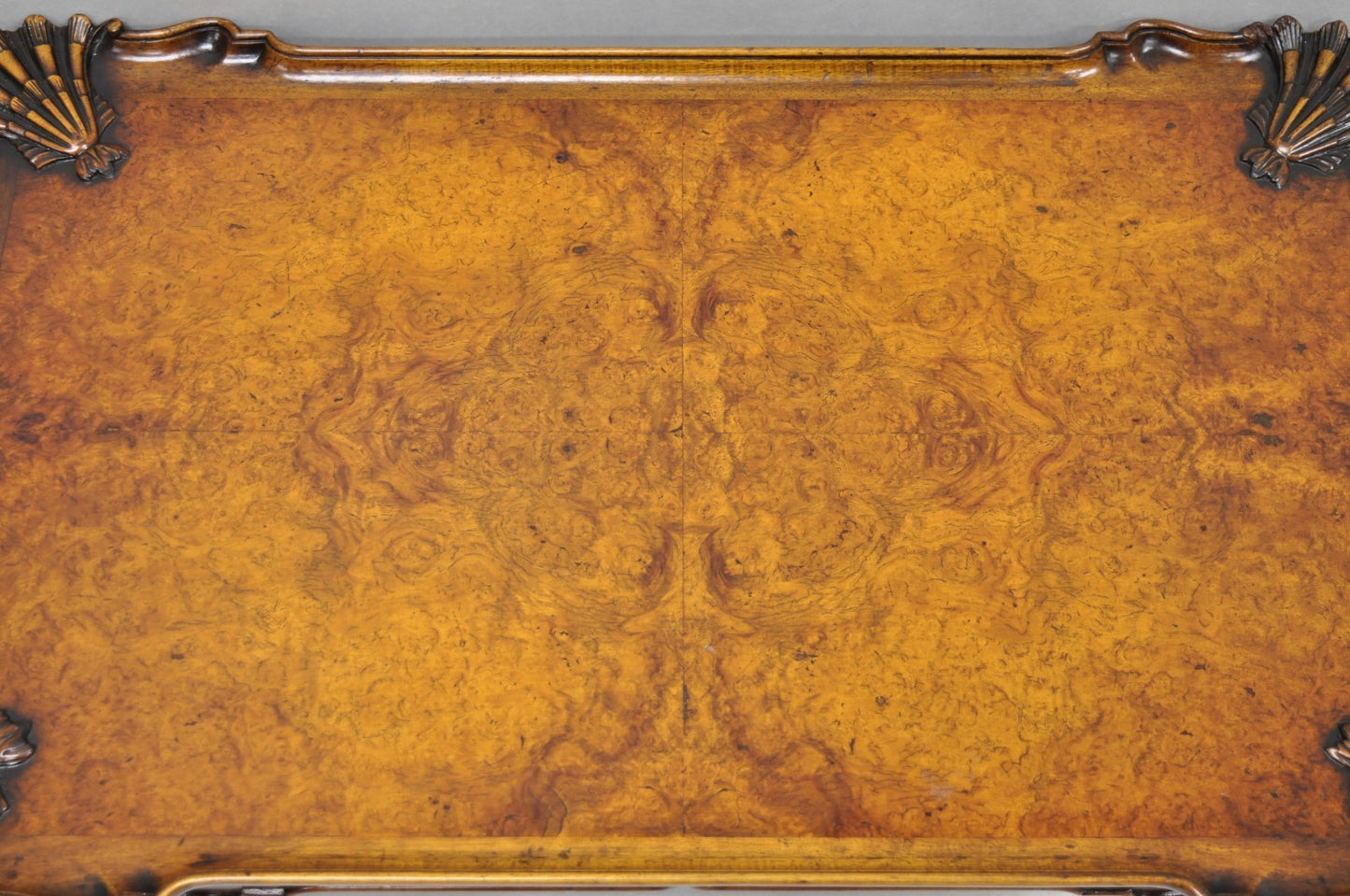 Antique English Georgian Style Burl Walnut Shell Carved Scalloped Coffee Table