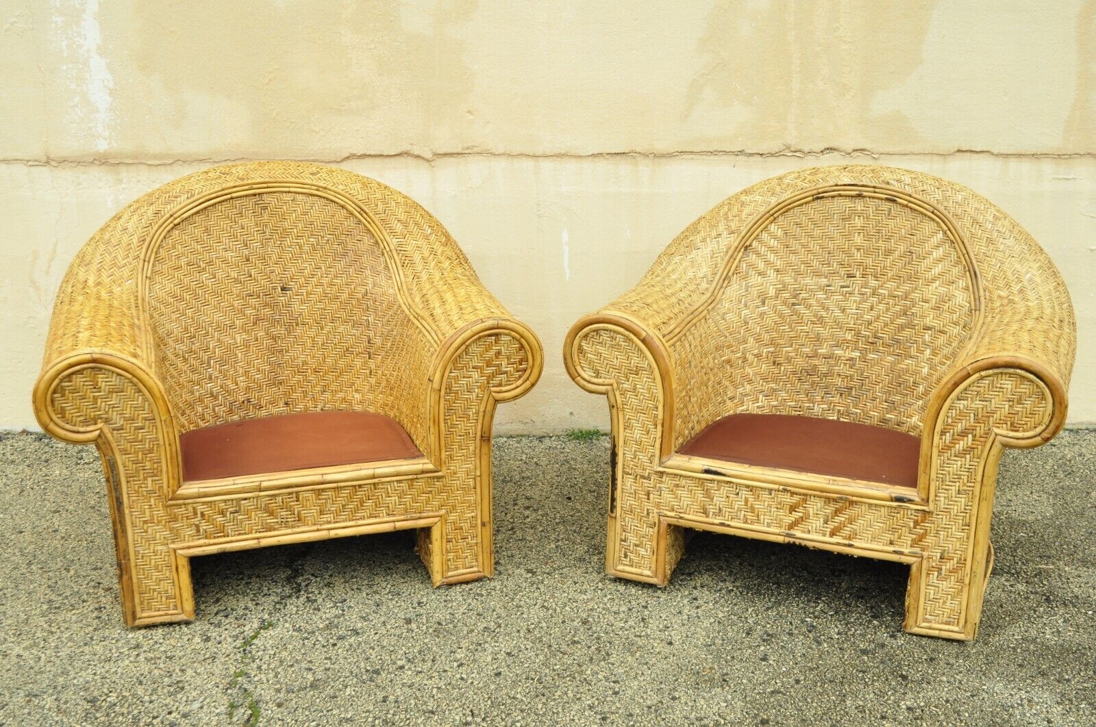 Ralph Lauren Attr. Large Woven Wicker Rattan Club Lounge Chairs - a Pair