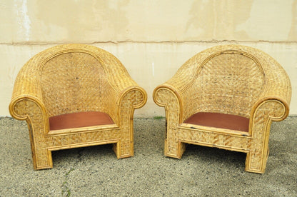 Ralph Lauren Attr. Large Woven Wicker Rattan Club Lounge Chairs - a Pair
