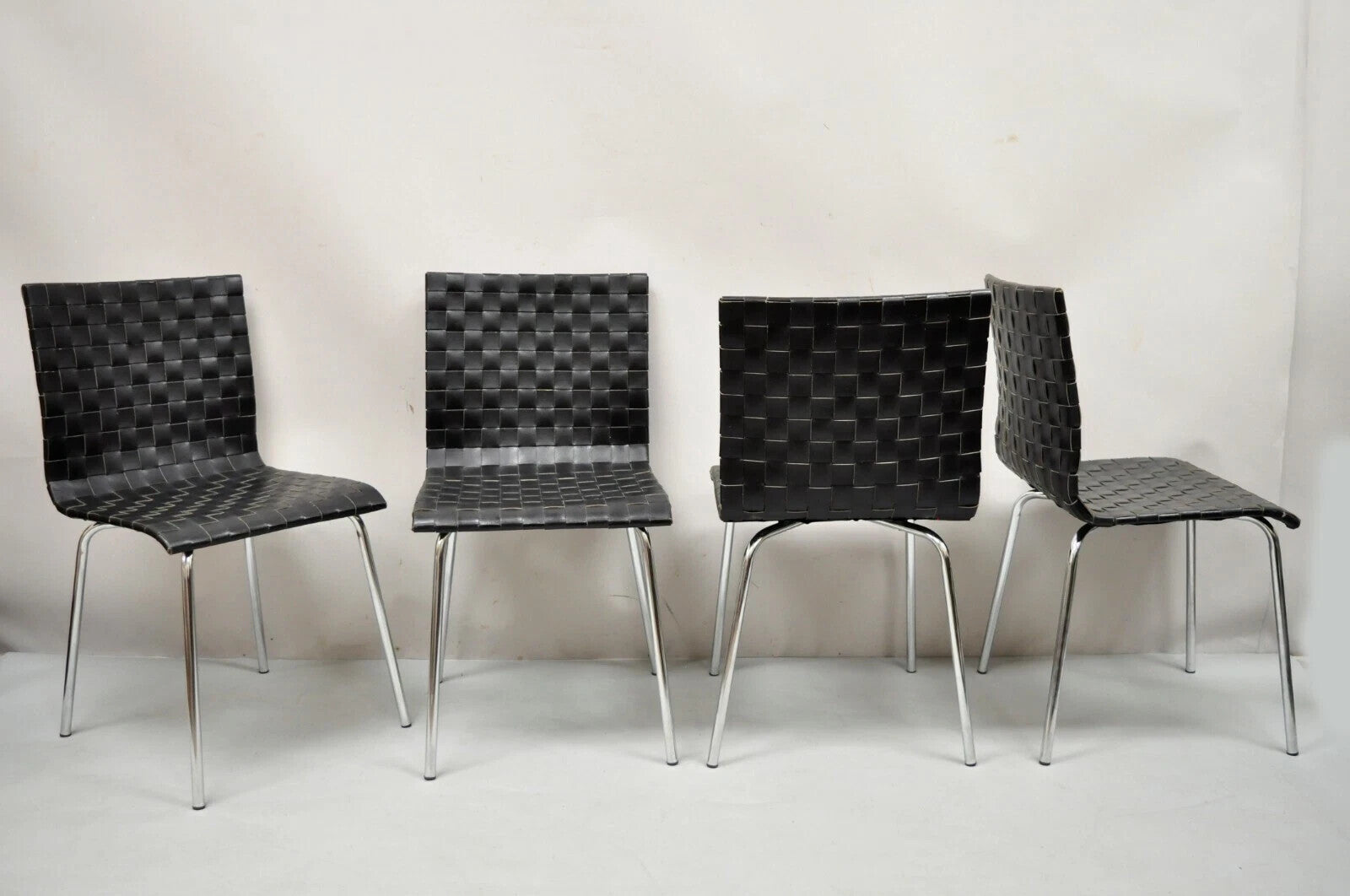 Contemporary Modern Black Woven Leather Chrome Frame Dining Chairs - Set of 4