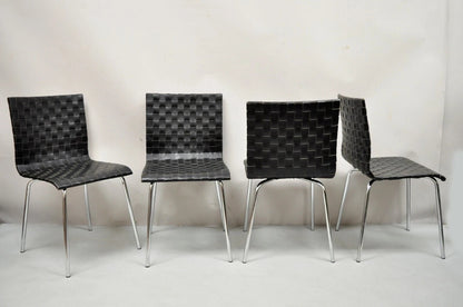 Contemporary Modern Black Woven Leather Chrome Frame Dining Chairs - Set of 4