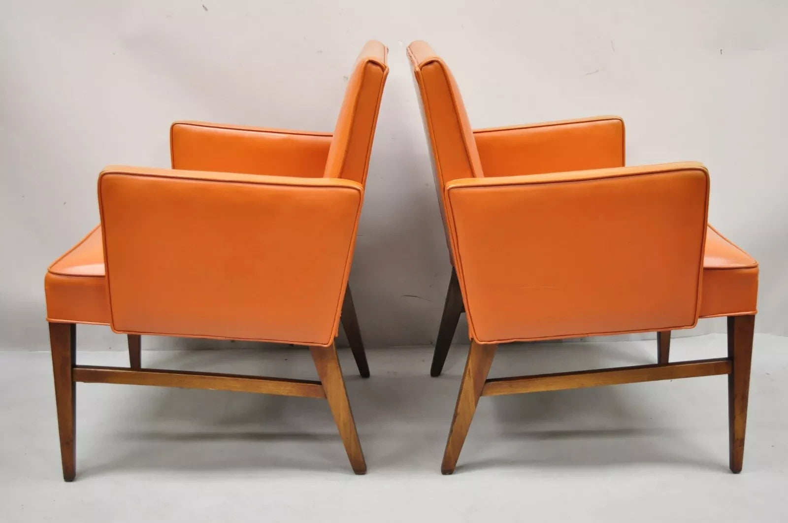 Vintage Mid Century Modern Walnut Jens Risom Style Orange Lounge Chairs -a Pair