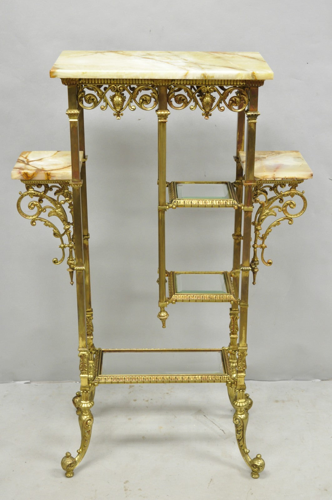 Antique Victorian Brass & Onyx Ornate Tiered Etagere Curio Display Stand Shelf