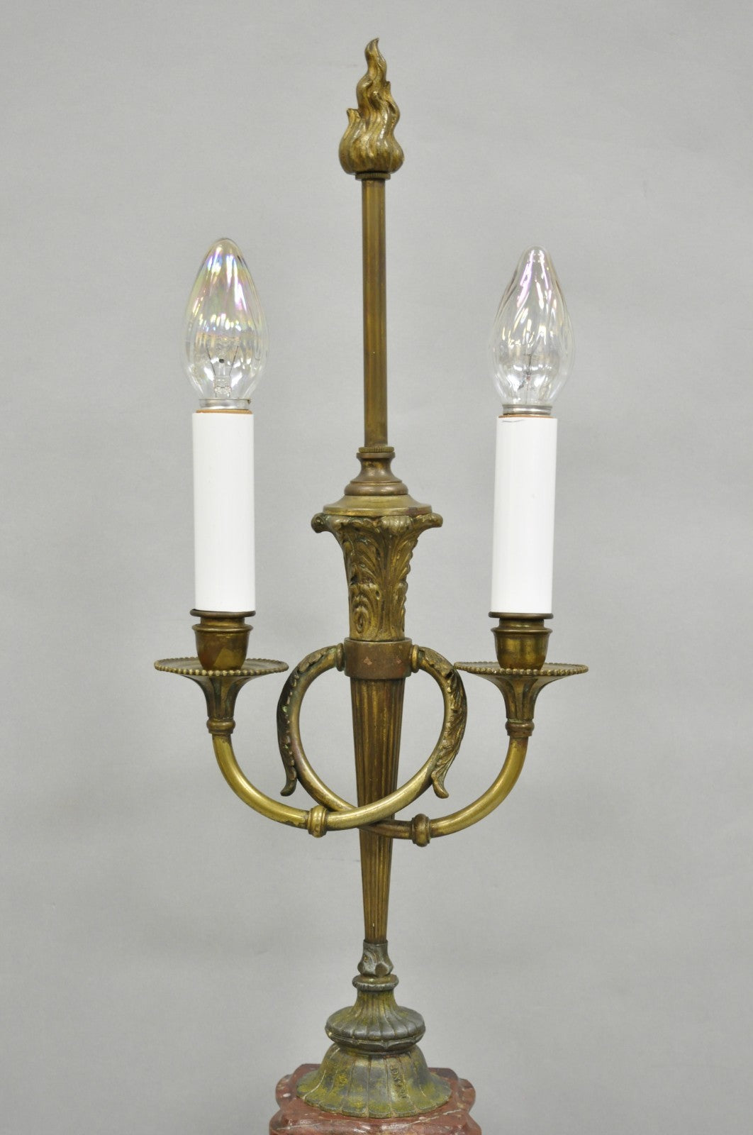 Antique French Neoclassical Bronze Torch & Trumpet Arm Marble Base Table Lamp