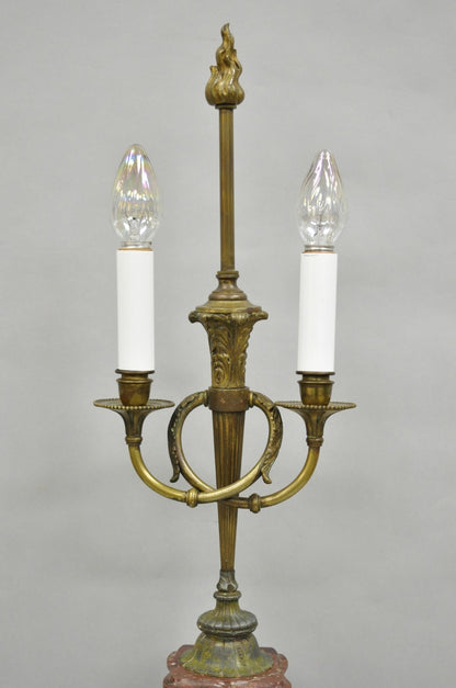 Antique French Neoclassical Bronze Torch & Trumpet Arm Marble Base Table Lamp