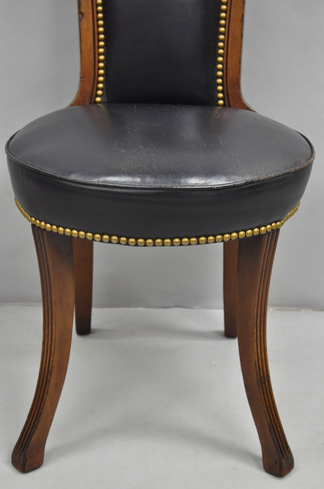 Vintage French Regency Style Carved Mahogany Black Leather Saber Leg Side Chair