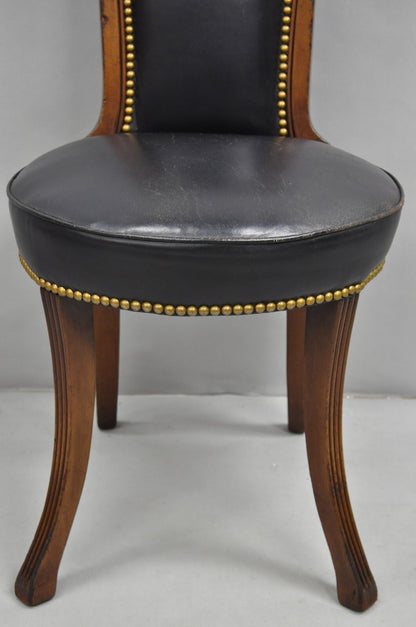 Vintage French Regency Style Carved Mahogany Black Leather Saber Leg Side Chair