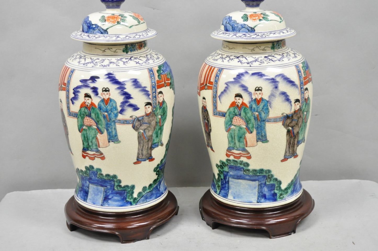 Vintage Chinoiserie Oriental Oatmeal Ginger Jar Ceramic Table Lamps - a Pair