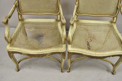 French Louis XV Style Cream Painted Carved Wood Cane Fauteuil Arm Chairs - Pair