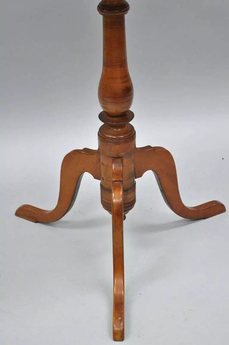 18th C. Federal Cherry Candle Stand Tea Table Tripod Pedestal Scallop Carved Top