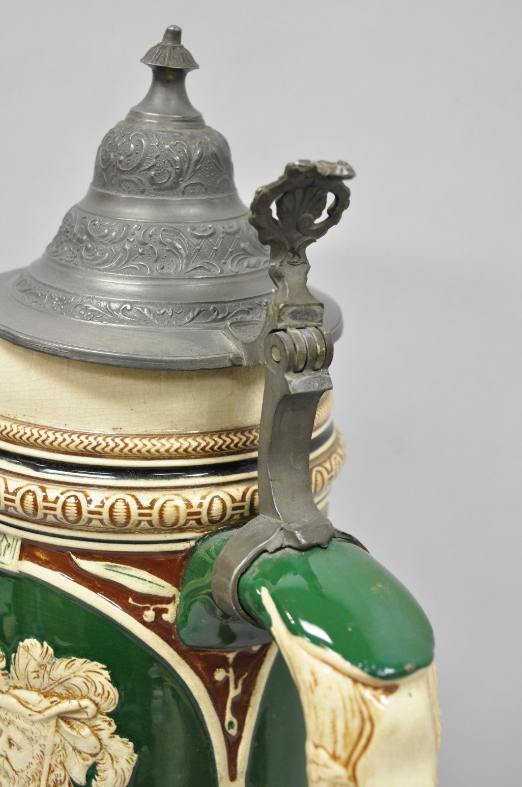 Antique German XL 20" Tall Figural Green Stoneware Beer Stein Tankard Mug w/ Lid