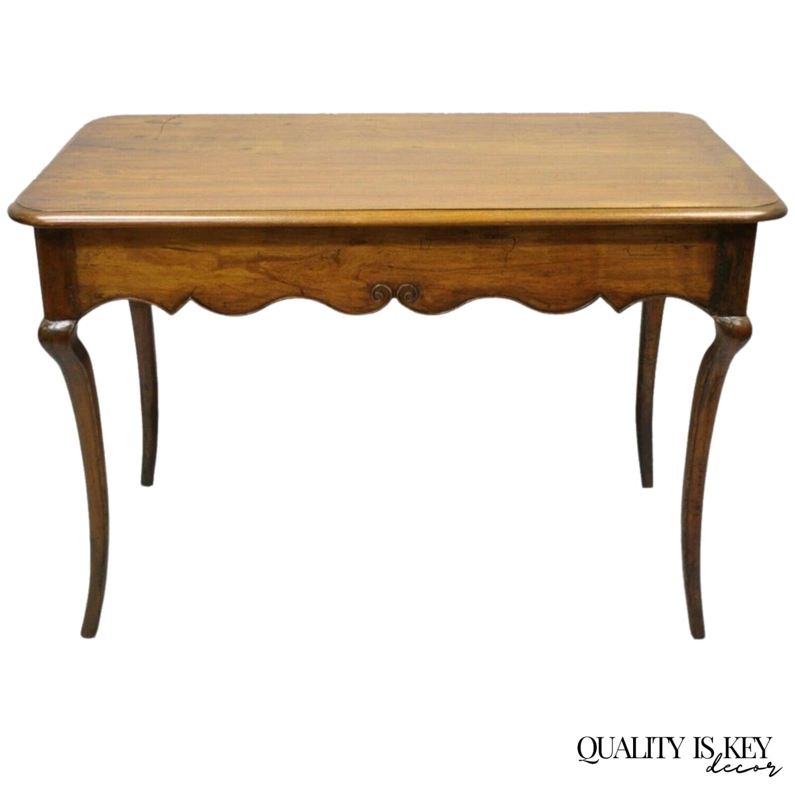 Antique French Provincial Carved Cherry Saber Leg Italian Desk Console Table