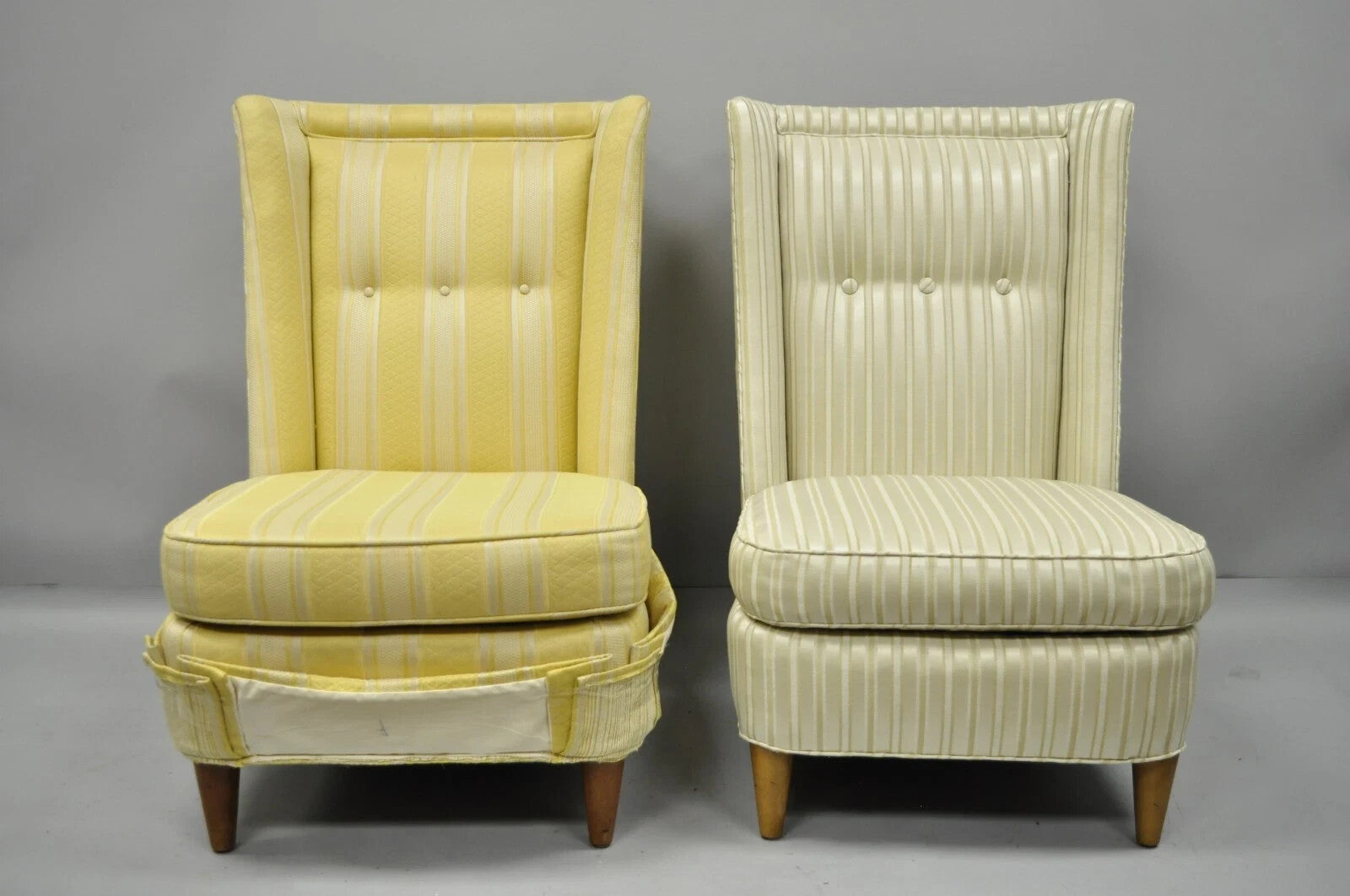 Paul Laszlo Mid Century Modern Upholstered Barrel Back Slipper Lounge Chair Pair
