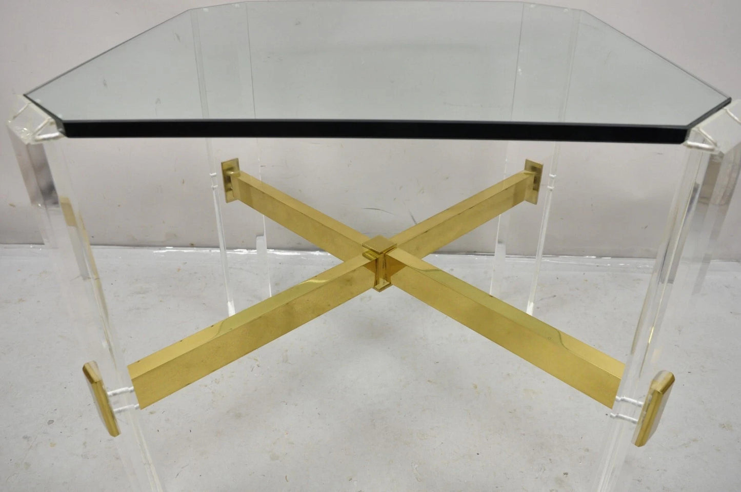 Vintage Mid Century Modern Lucite & Glass Brass Stretcher Occasional Side Table